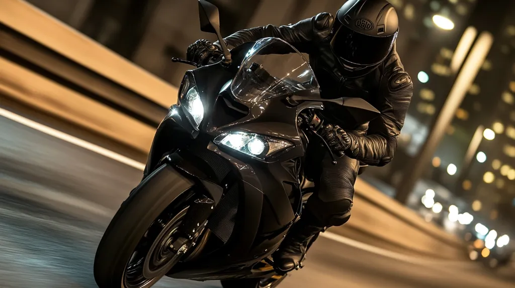 A motorcyclist speeds through a city at night on a sleek, black sportbike. The rider is clad in full leather gear, including a helmet, and leans into the curve of the road.  Bright headlights illuminate the road ahead, while the blurred city lights in the background create a sense of speed and dynamism. The overall image is dark, moody, and emphasizes the power and thrill of motorcycling.