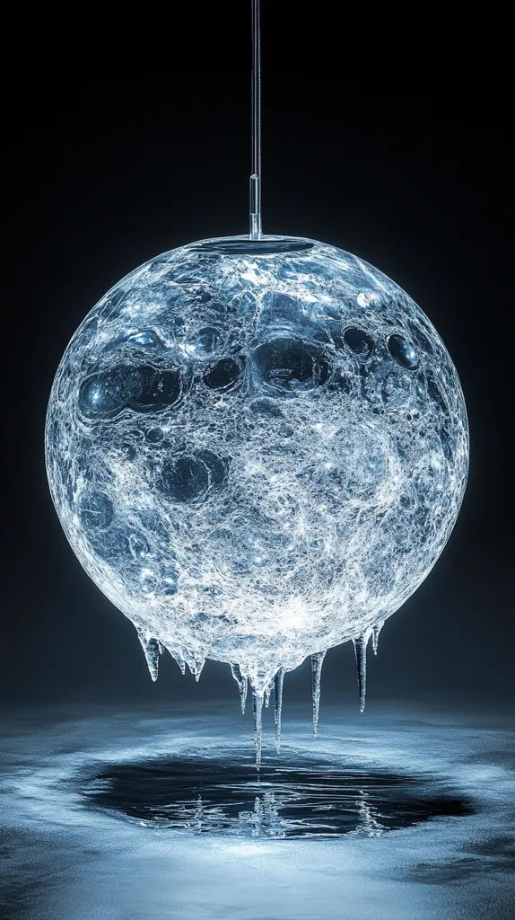 A spherical light fixture, seemingly made of ice, hangs from a thin cord against a dark background.  Its surface is textured with a network of cracks and crevices, resembling a celestial body. Icicles hang down from its lower edge, melting into a pool of water on a frozen surface below. The overall effect is ethereal and cold, suggesting a fragile beauty and the passage of time.