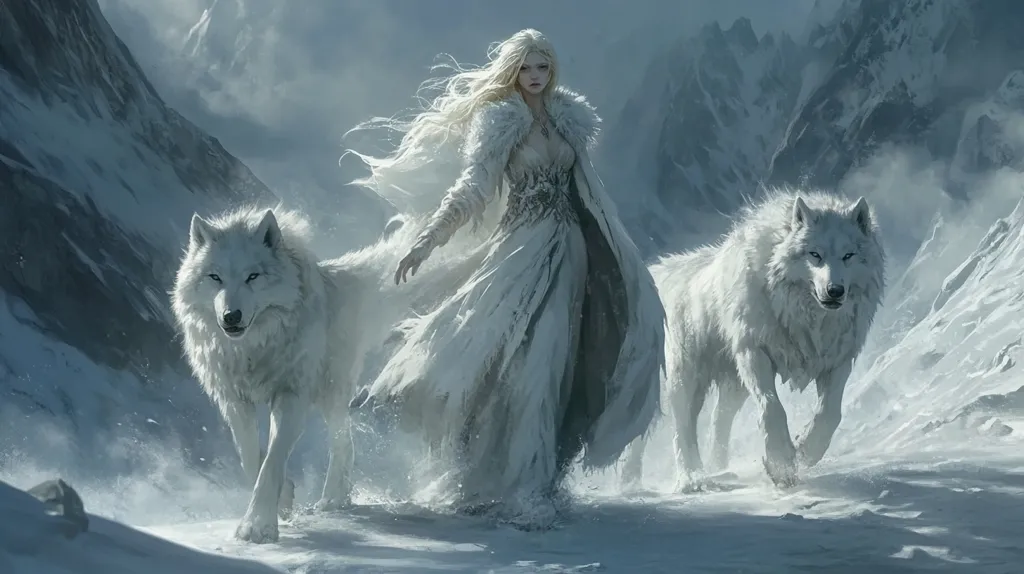 A breathtaking digital painting depicts a fair-haired woman in a flowing white gown and fur-trimmed cloak, walking between two majestic arctic wolves.  The trio traverses a snow-covered mountain pass, the stark white of their attire contrasting beautifully with the cold, grey landscape. The woman's serene expression and the wolves' calm demeanor create a sense of unity and harmony within the wintry scene.  The overall aesthetic is fantastical and ethereal.