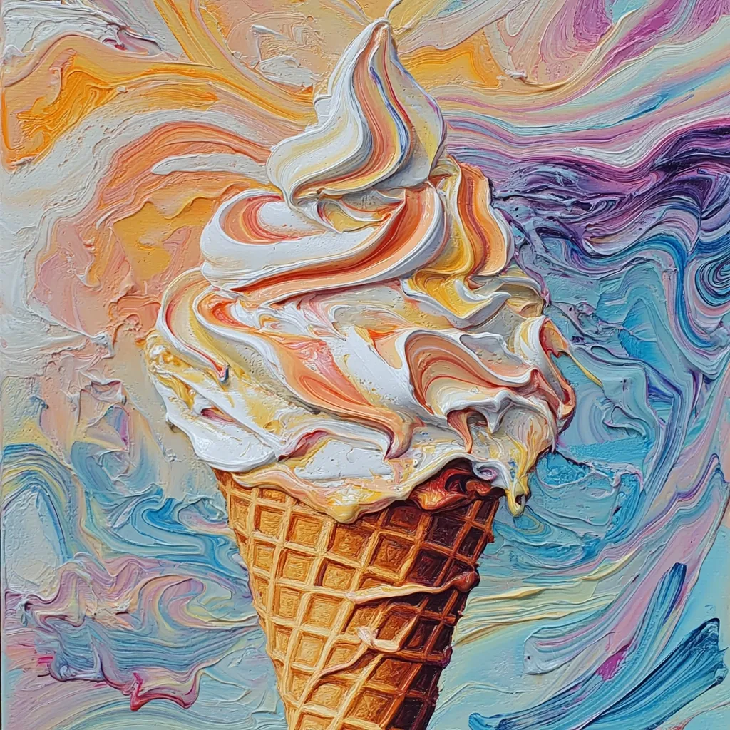 The artwork depicts a meticulously rendered ice cream cone against a vibrant, swirling background. The ice cream, a blend of white, peach, and yellow, is sculpted with thick, impasto strokes, giving it a hyperrealistic, almost three-dimensional quality.  The waffle cone is equally detailed, showcasing texture and shadows. The background is an abstract landscape of color, with blues, purples, and oranges swirling together in a fluid motion, complementing the creamy tones of the ice cream. The overall style is expressive and impasto-heavy, emphasizing texture and the play of light on the subject.