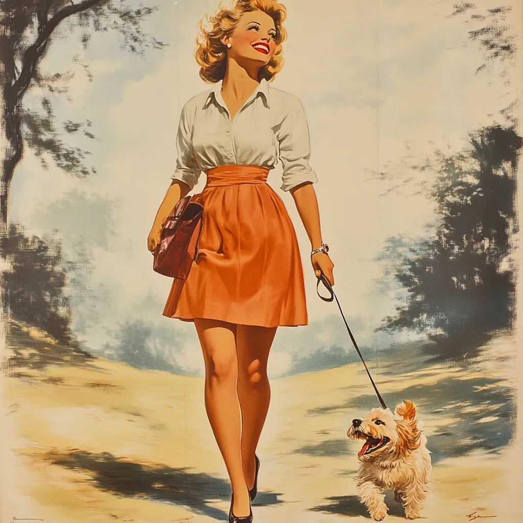 Here's a description of the image:

The image is a vintage-style illustration or poster depicting a stylish woman strolling along a sun-dappled path. She's wearing a white shirt, a vibrant orange A-line skirt, and heels.  A brown handbag hangs from her arm, and she holds a leash attached to a small, fluffy white dog trotting happily beside her. The background showcases a tranquil landscape with trees and a softly lit pathway, creating a peaceful and idyllic scene. The woman's joyful expression and the overall bright color palette contribute to the image's cheerful and optimistic tone, reminiscent of mid-20th-century advertising art.