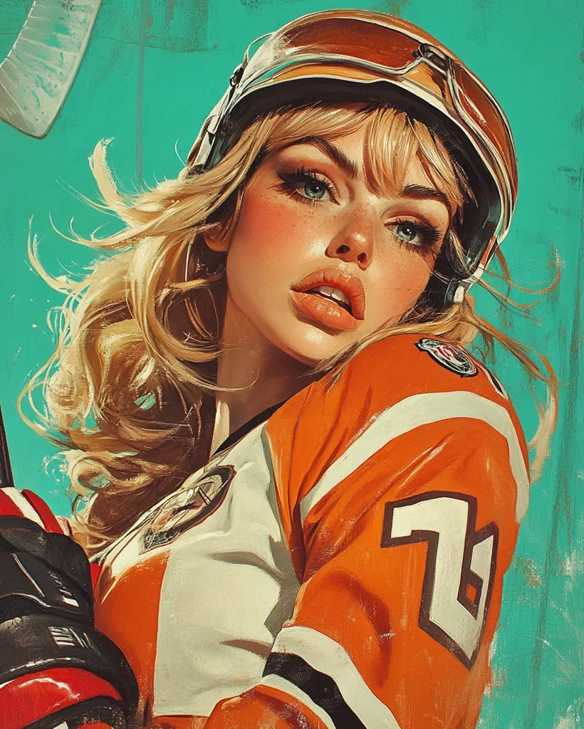 Here's a description of the image:

The artwork showcases a stylized portrait of a young woman, likely a hockey player. She possesses long, blonde hair and fair skin, accentuated with rosy cheeks and full lips. Her gaze is directed slightly away from the viewer, adding a sense of intrigue.  She is wearing an orange and white hockey jersey with the number 76 prominently displayed on the sleeve, and a protective helmet with goggles.  A hockey stick is partially visible in the foreground, implying active participation in the sport. The background is a vibrant teal, providing a strong contrast to the warm tones of her clothing and complexion. The overall style suggests a blend of realism and illustration, with a focus on capturing both athleticism and beauty.