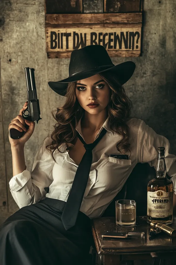 A young woman, stylishly dressed in a white shirt, black tie, and dark skirt, holds a handgun. She wears a black fedora and has long brown hair.  The setting appears dimly lit and evokes a film noir aesthetic, with a rustic wooden background featuring a sign that reads "BIT DU RECEIN?". A bottle of whiskey and a glass sit on a nearby table, contributing to the scene's ambiance.  The overall mood is one of mystery and intrigue.
