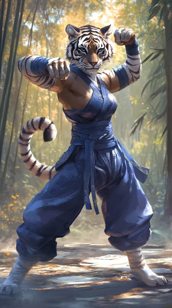 A striking digital painting depicts a female tiger-anthro, a martial artist in a blue gi.  Her powerful physique is evident as she stands in a fighting stance, fists clenched.  Her striped tail curls behind her, contrasting with the serene, sun-dappled bamboo forest background. The artwork's style is realistic, emphasizing detail in both the character and the environment. The overall impression is one of strength, grace, and a mystical aura.