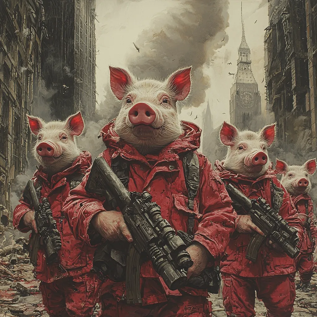 Here's a description of the image:

The artwork depicts a dystopian scene where three pig-headed soldiers, clad in red parkas and carrying assault rifles, march through a war-torn cityscape.  The background shows a ruined city with a partially visible clock tower resembling Big Ben, suggesting a post-apocalyptic London. The pigs wear serious expressions, conveying a sense of grim determination. The overall style is realistic, with attention to detail in both the pig characters and the destruction surrounding them. The color palette is muted, emphasizing the somber and destructive atmosphere.