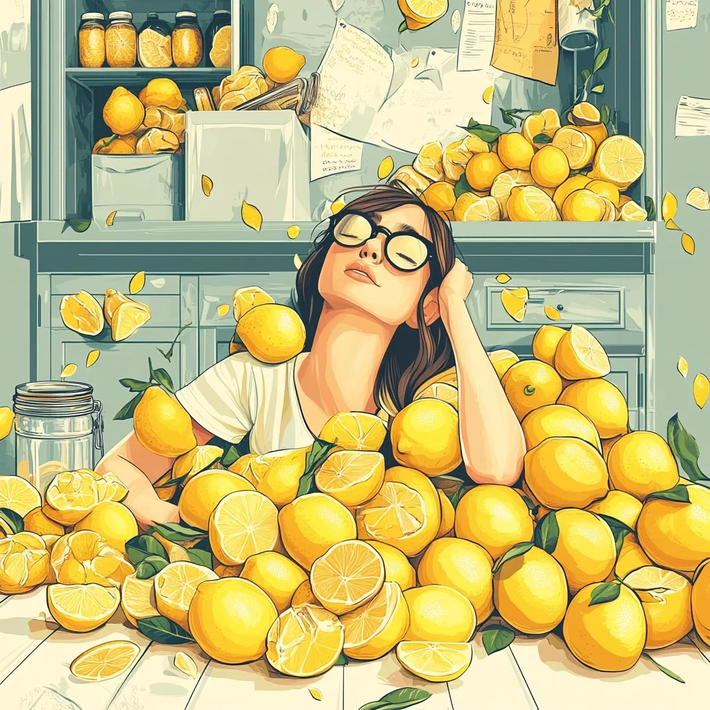 Here's a description of the image:

A stylized illustration depicts a young woman with glasses reclined amidst a massive pile of lemons.  She rests contentedly, her head supported by her arm, surrounded by whole lemons and lemon halves.  A background shows a well-stocked pantry overflowing with jars and boxes, suggesting an abundance of preserved goods. The overall style is vibrant and slightly surreal, with a focus on the cheerful yellow of the lemons contrasting with the muted tones of the kitchen setting. The image suggests themes of abundance, relaxation, and perhaps, the simple pleasures of life.