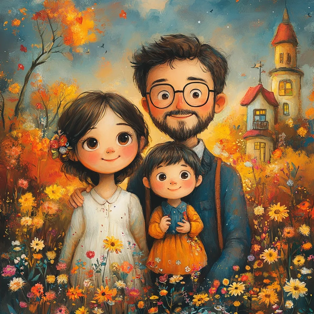 Here's a description of the image:

A whimsical illustration depicts a happy family portrait nestled within a vibrant autumnal landscape. The parents, a bespectacled father with a beard and a mother with dark hair adorned with flowers, lovingly embrace their young daughter.  The child, in an orange dress, looks up with wide, innocent eyes. The family stands amidst a field teeming with colorful wildflowers, against a backdrop of autumnal trees and a quaint, fairytale-like house. The style is reminiscent of children's book illustration, with soft, rounded features and a warm color palette.  The overall mood is one of joy, love, and autumnal charm.