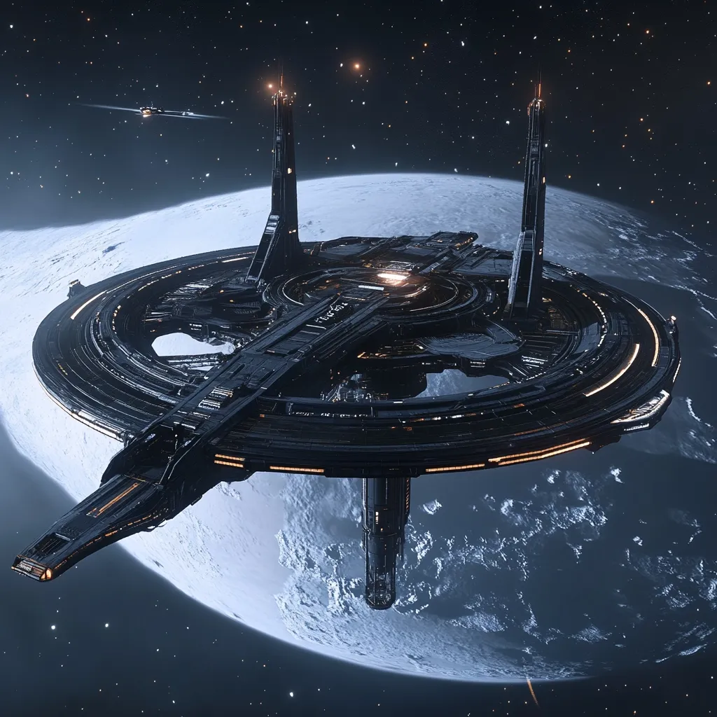 A large, circular space station, dark grey with orange accents, dominates the image. Two tall, slender towers rise from its center, connecting to a ring-shaped structure with multiple levels. A smaller spacecraft is visible in the distance. The station orbits a large, icy, light blue planet against a backdrop of a star-filled night sky. The scene evokes a sense of futuristic space exploration and advanced technology.