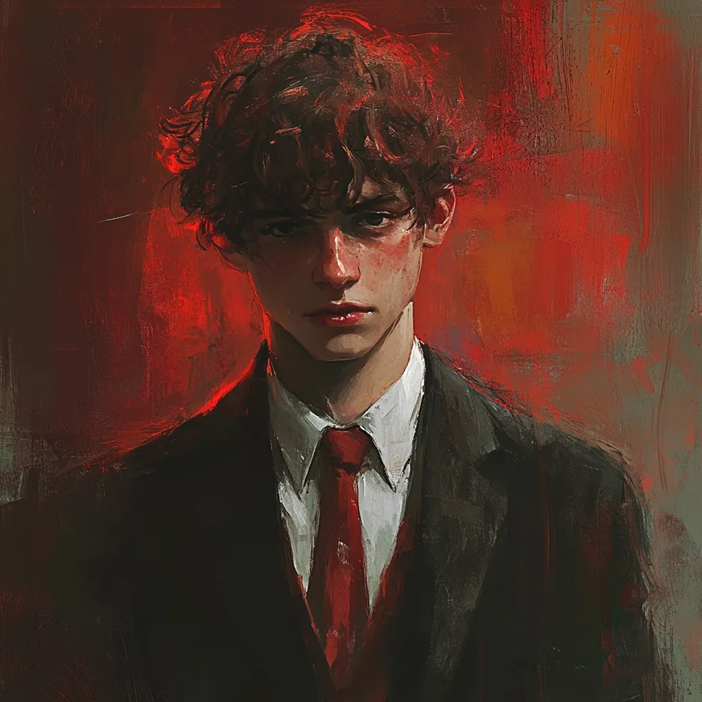 Here's a description of the image:

The painting is a striking portrait of a young man with dark, curly hair, wearing a dark suit and a crimson tie. His expression is serious, almost melancholic. The style is painterly, with visible brushstrokes creating texture and depth, particularly noticeable in the background's fiery red hues which contrast sharply with the darker tones of the subject's attire. The overall mood is dramatic and intense, evoking a sense of mystery or perhaps even unease. The artist uses light and shadow effectively to highlight the subject's features and the folds of his clothing.