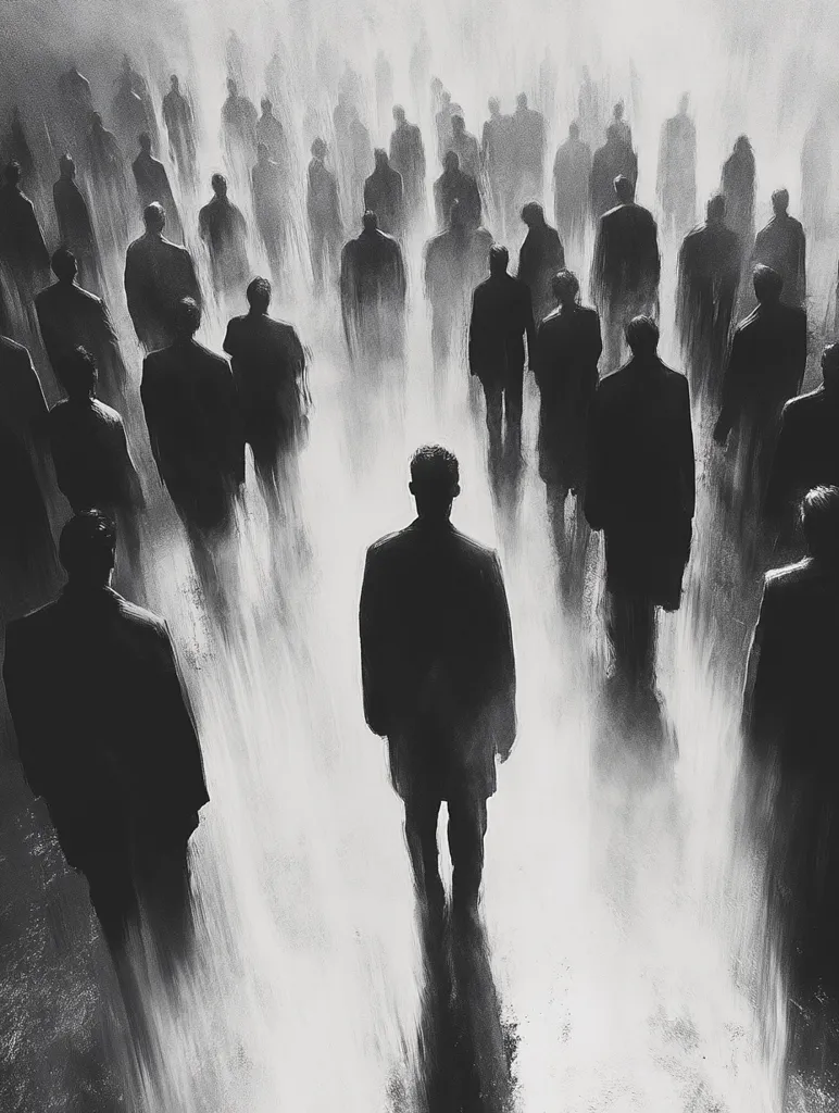 A monochromatic image depicts a lone figure walking away from a large, indistinct crowd. The crowd, rendered in hazy, dark silhouettes, moves away from the viewer, creating a sense of depth and isolation. The central figure is sharply defined, their coat and gait suggesting a purposeful journey. The overall atmosphere is somber and suggestive of anonymity within a vast, perhaps uncaring, collective.  The blurred effect around the crowd adds to the feeling of movement and anonymity.