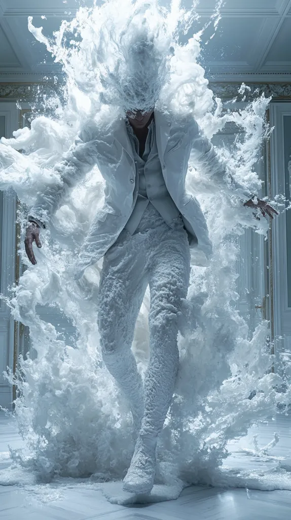 A man in a white suit is engulfed in a massive wave of white foam.  The foam covers his entire body, including his head, creating a dramatic, surreal effect. He appears to be moving forward, his legs slightly apart, within the churning foam. The background is a classic, elegant interior space, creating a stark contrast to the chaotic foam surrounding the figure. The overall image is striking and visually arresting, suggesting a sense of transformation or powerful energy.
