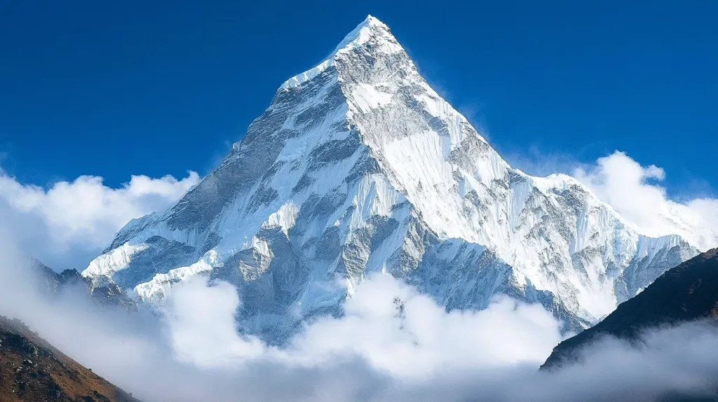 A majestic snow-capped mountain peak dominates the image, its sharp, triangular silhouette piercing a vibrant blue sky.  Thick, white clouds partially obscure the lower slopes, creating a dramatic contrast between the imposing peak and the softer, ethereal clouds.  The mountain's rugged texture is visible through the clouds, showcasing its immense scale and power. Darker, rocky slopes flank the snow-covered peak, adding depth to the breathtaking alpine landscape.