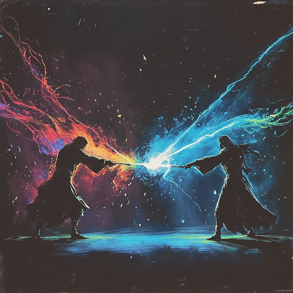The image depicts a dynamic duel between two dark-robed wizards.  Each wields a wand, emanating vibrant, contrasting energy: fiery orange and red from one, cool blue and teal from the other.  The magical blasts collide in a dazzling spectacle against a dark, star-speckled background.  The silhouettes of the wizards are sharp against the energetic chaos, highlighting the intensity of their magical confrontation.  The overall style is painterly and dramatic, with a stylized, almost ethereal quality.