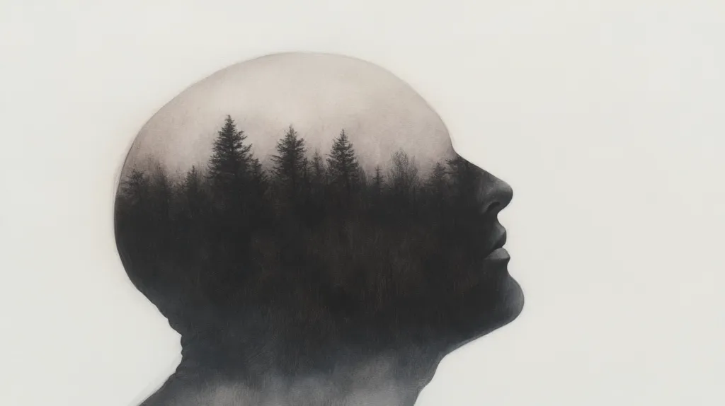 The artwork is a monochrome drawing or painting depicting a person's head and shoulders in profile view.  The head is rendered as a translucent form, overlaid with an image of a dark forest. The trees are silhouetted against a pale sky, creating a striking juxtaposition between the human form and the natural world. The overall style is evocative and melancholic, suggesting a connection between inner thoughts and the external environment.  The monochromatic palette emphasizes the somber mood and the blending of the two images.