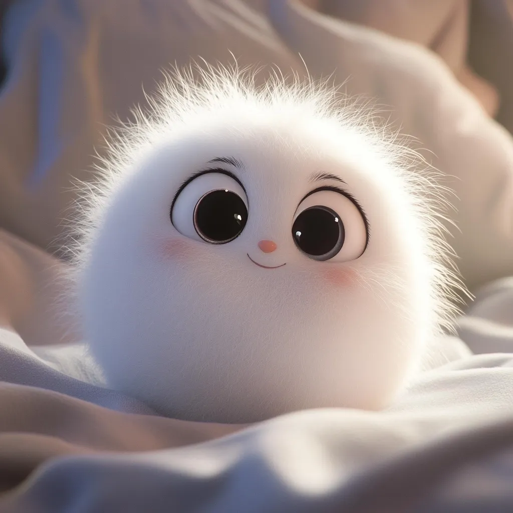 Here's a description of the image:

The image shows a close-up of an adorable, fluffy, white creature.  It's round and resembles a small ball of fur with large, expressive, dark eyes that convey innocence and happiness.  A tiny, pink nose and a subtle smile are visible on its face. The creature is nestled in soft, light-grey fabric, which creates a gentle and calming overall mood. The lighting is soft and highlights the creature's fur, adding to its endearing charm. The overall aesthetic is cute and childlike, suggesting a character from an animated film or digital art.