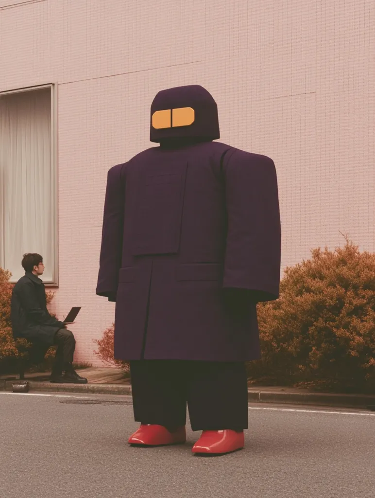 A large, boxy robot, clad in a dark purple overcoat and red shoes, stands on a city street.  Its head is a simple, dark shape with two small, rectangular yellow lights for eyes.  A man sits on a bench in the background, looking at a laptop, seemingly oblivious to the robot. The scene is muted in color, with a pale pink building providing a backdrop. The overall impression is one of quiet surrealism.