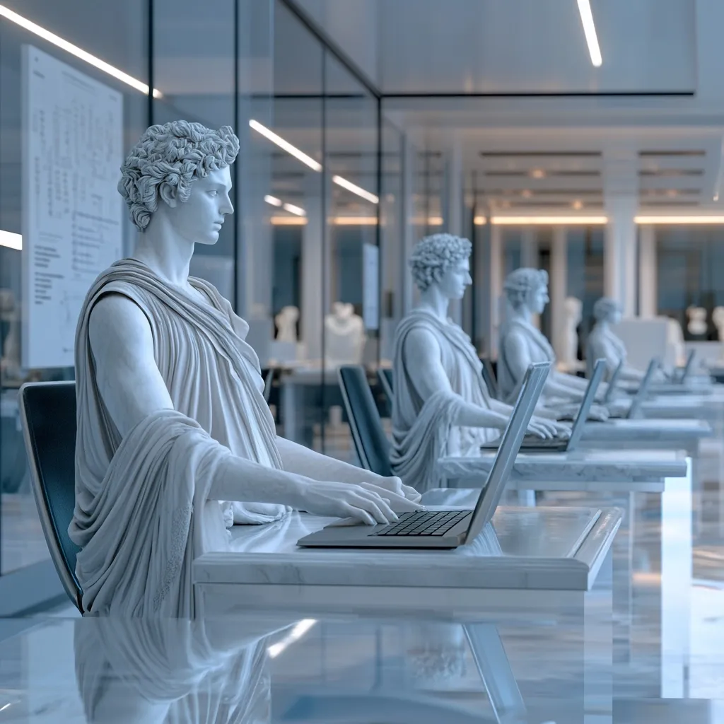The image depicts a row of classical marble statues, each seated at a minimalist desk with a laptop. The statues, resembling ancient Greek or Roman figures in togas, appear to be working on their computers.  The setting is a modern, sleek office space with glass walls and muted blue tones. The juxtaposition of ancient art and modern technology creates a surreal and thought-provoking scene. The overall aesthetic is clean, cool, and somewhat eerie.