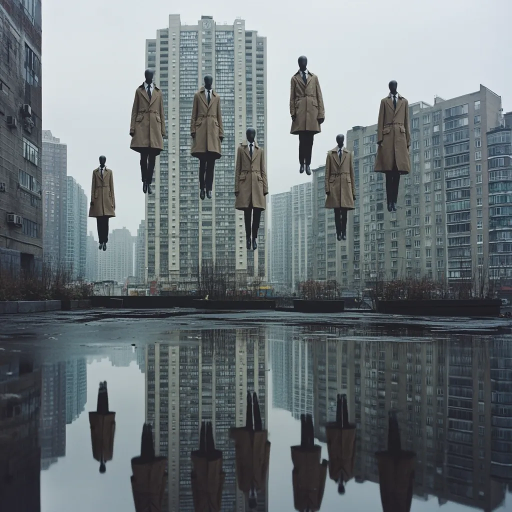Here's a description of the image:

The photograph depicts a surreal scene of several mannequins in beige coats levitating above a city rooftop.  The mannequins are arranged somewhat uniformly, yet slightly offset, against a backdrop of tall apartment buildings under a gray sky. A puddle on the rooftop reflects the cityscape and the floating mannequins, creating a mirrored effect. The overall mood is somber and slightly unsettling, with the juxtaposition of the mundane urban setting and the unusual floating figures emphasizing a sense of quiet unease or mystery.