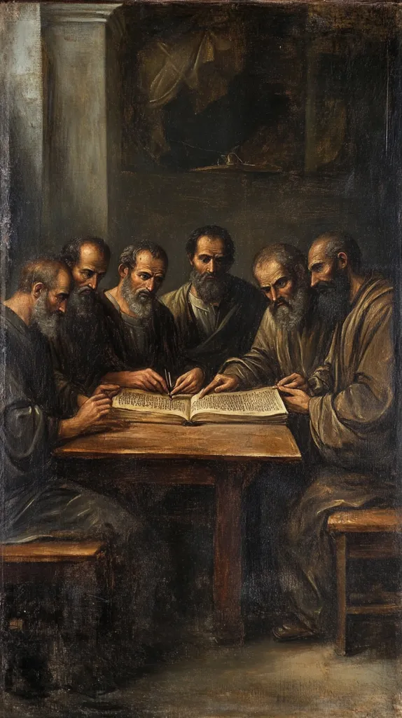 Here is a description of the image:

The painting depicts six men, possibly biblical figures, seated around a table illuminated by a single light source.  They are engrossed in examining an open book, their expressions serious and focused.  Dressed in dark robes, they appear to be scholars or scribes, meticulously studying the text. The dark background and muted colors create a somber atmosphere, emphasizing the intensity of their study. The scene is set in a dimly lit room, enhancing the sense of quiet contemplation. The style suggests a 17th-century Baroque or Renaissance influence, with attention to detail in the men’s faces and the texture of the fabric.