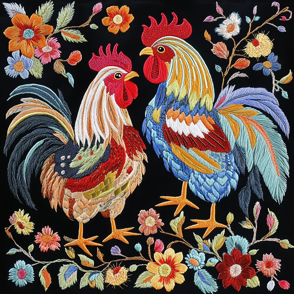 This embroidered artwork depicts two roosters, richly detailed in vibrant colors against a black background.  Their plumage is meticulously rendered with thread, showcasing a variety of textures and shades.  The roosters are surrounded by a blooming floral border, intricately stitched with various flowers and leaves, completing a visually stunning and lively piece. The overall style suggests folk art or a traditional embroidery technique.
