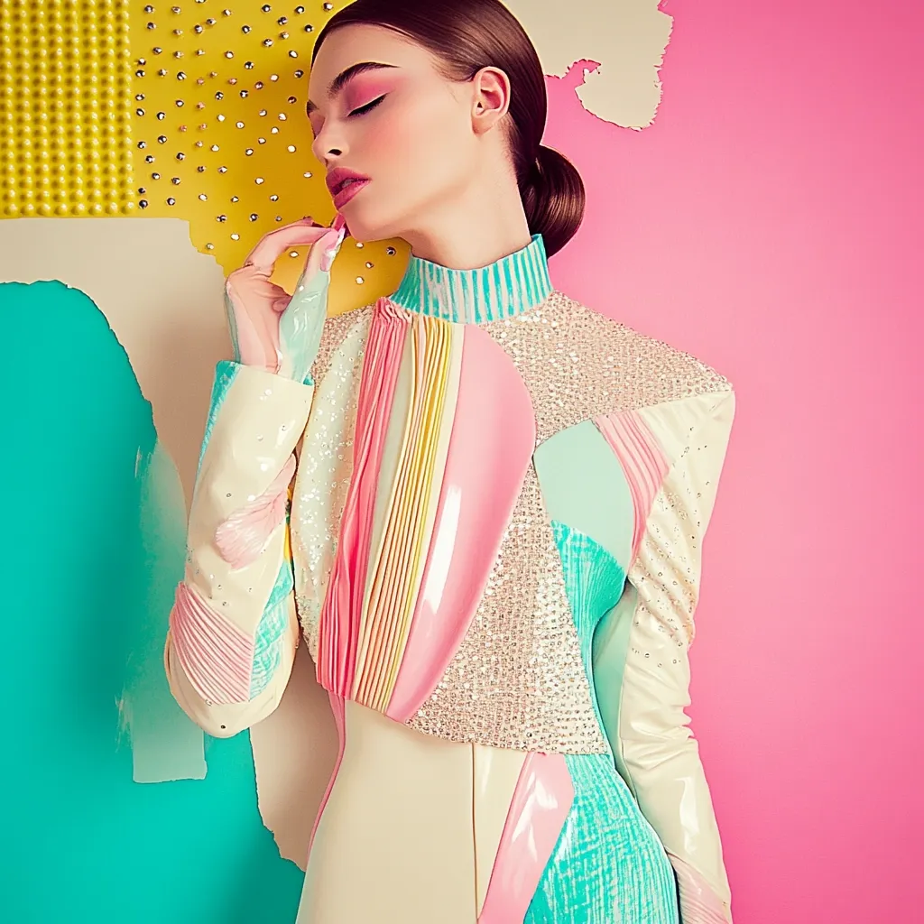 Here's a description of the image:

A fashion model, with dark hair styled in a low bun, poses against a vibrant, abstract background of pink, teal, and yellow. She wears a striking, pastel-colored dress with a high neckline. The dress features multiple panels in shades of pink, mint green, and cream, adorned with sparkling embellishments, and possibly a glossy or patent leather-like texture.  Her makeup is soft, with a focus on pink tones, complementing the overall pastel palette. The model's hand gently touches her face, adding to the dreamy and artistic feel of the image.