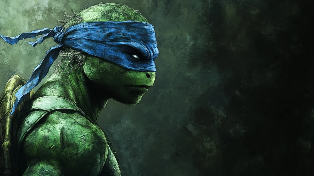 The image is a stylized depiction of Leonardo, one of the Teenage Mutant Ninja Turtles.  He's rendered in a dark, gritty style, his green reptilian skin textured and seemingly weathered.  A blue bandana covers his eyes, partially obscuring his serious expression. The background is a muted dark green and black, giving a moody and intense atmosphere.  The overall effect is a powerful and dramatic portrait.