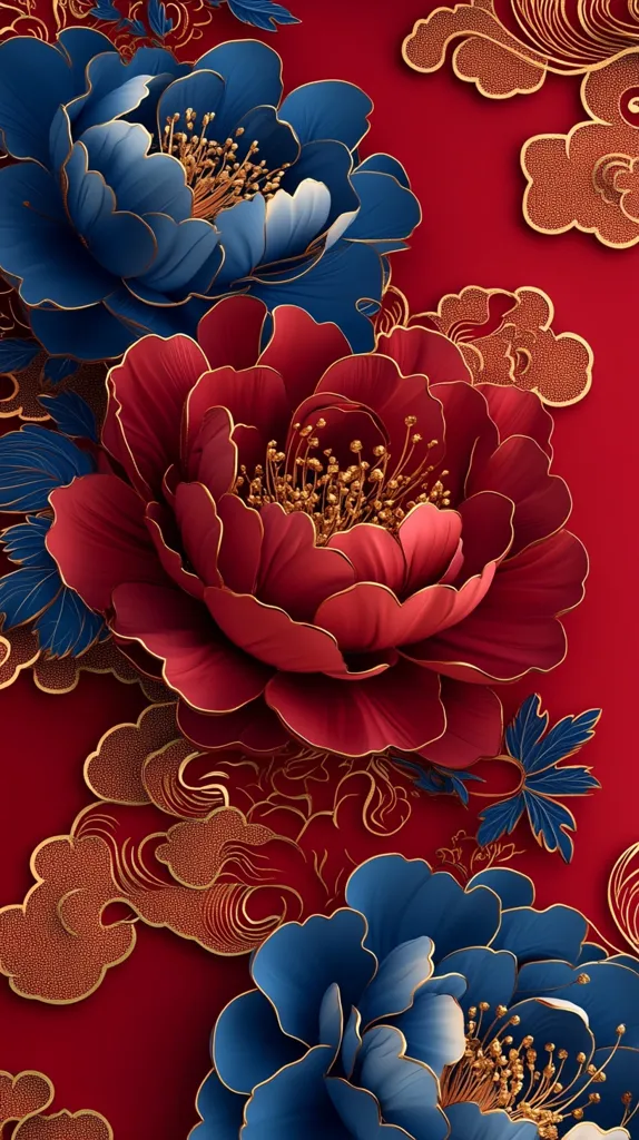 Here's a description of the image:

The image is a stylized floral arrangement on a deep red background.  Large, opulent peonies in deep crimson and rich blue dominate the design, their petals outlined in gold.  Intricate gold filigree, suggestive of clouds or stylized foliage, weaves between the flowers, adding a sense of movement and depth. The overall aesthetic is luxurious and evokes traditional Asian art, possibly with influences from Chinese or Japanese design. The gold accents enhance the richness and sophistication of the image.