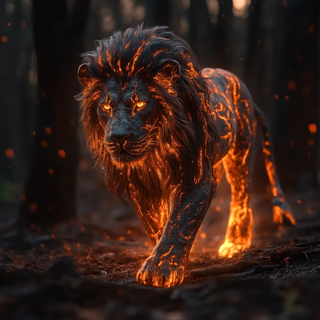 Here's a description of the image:

The image depicts a majestic lion, seemingly composed of solidified lava or volcanic rock, its fur glowing with fiery orange embers.  The lion strides purposefully through a dark forest, its intense gaze directly at the viewer.  Sparks and embers are scattered on the ground, enhancing the fiery, otherworldly effect. The background is blurred, focusing attention on the magnificent, molten-looking creature. The overall mood is one of power, mystery, and fantastical beauty.
