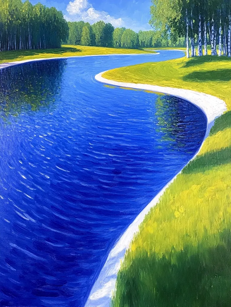 Here's a description of the image:

The painting depicts a serene, meandering river flowing through a verdant landscape under a bright, partly cloudy sky. The river's water is a deep, vibrant blue, reflecting the light in subtle ripples.  Its banks are lined with lush green grass, which slopes gently down to the water's edge.  A stand of birch trees is visible on the right, adding a touch of lightness against the darker greens and blues of the scene. The style suggests impasto, with visible brushstrokes adding texture to the painting.  The overall mood is one of peaceful tranquility and natural beauty.