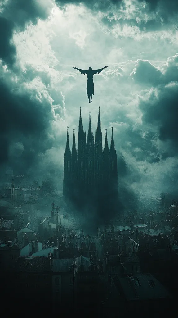 A dark, moody image depicts a silhouetted figure with outstretched arms descending from a stormy sky towards a gothic cathedral.  The figure appears to be falling or floating, creating a sense of mystery and foreboding. The cathedral stands tall and imposing in a city shrouded in mist and darkness, enhancing the overall dramatic and somewhat ominous atmosphere. The color palette is predominantly teal and dark gray, further emphasizing the somber tone.