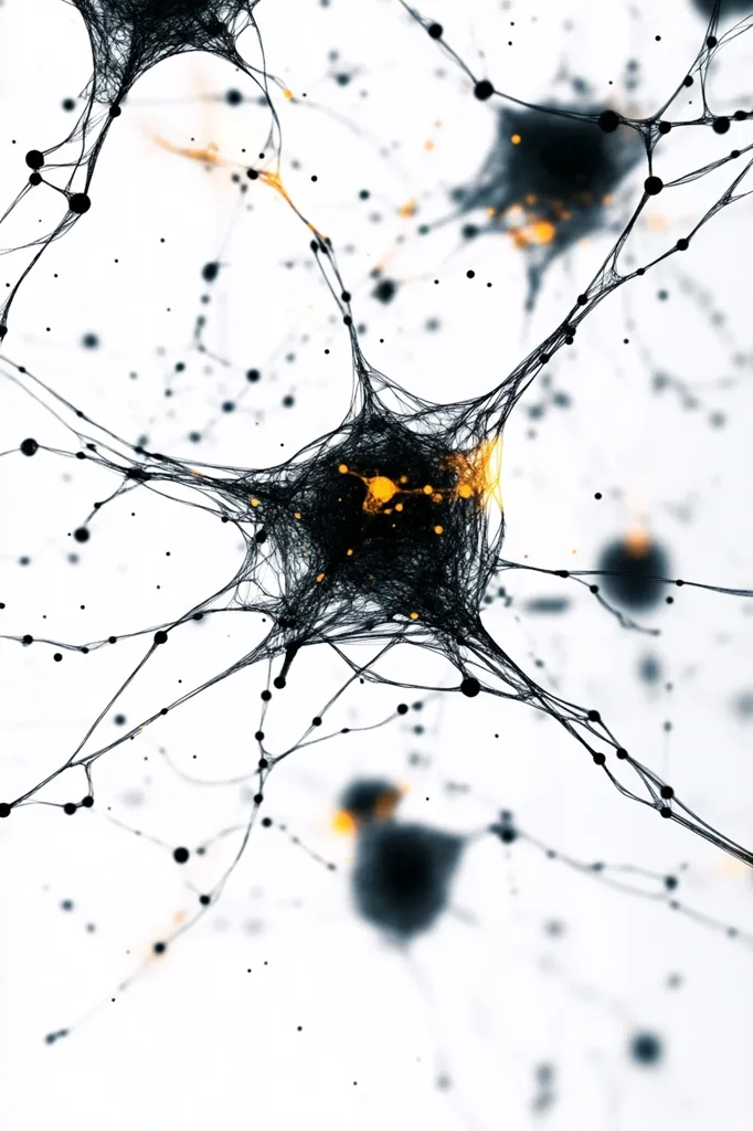 The image is an abstract representation of neurons or a neural network.  Intricate, black, web-like structures, representing neuronal dendrites and axons, connect at nodes.  Glowing orange-yellow points of light suggest activity or signal transmission within the network.  The background is white, providing a stark contrast to the dark, complex network. The overall impression is one of intricate connection and communication within a biological or technological system.