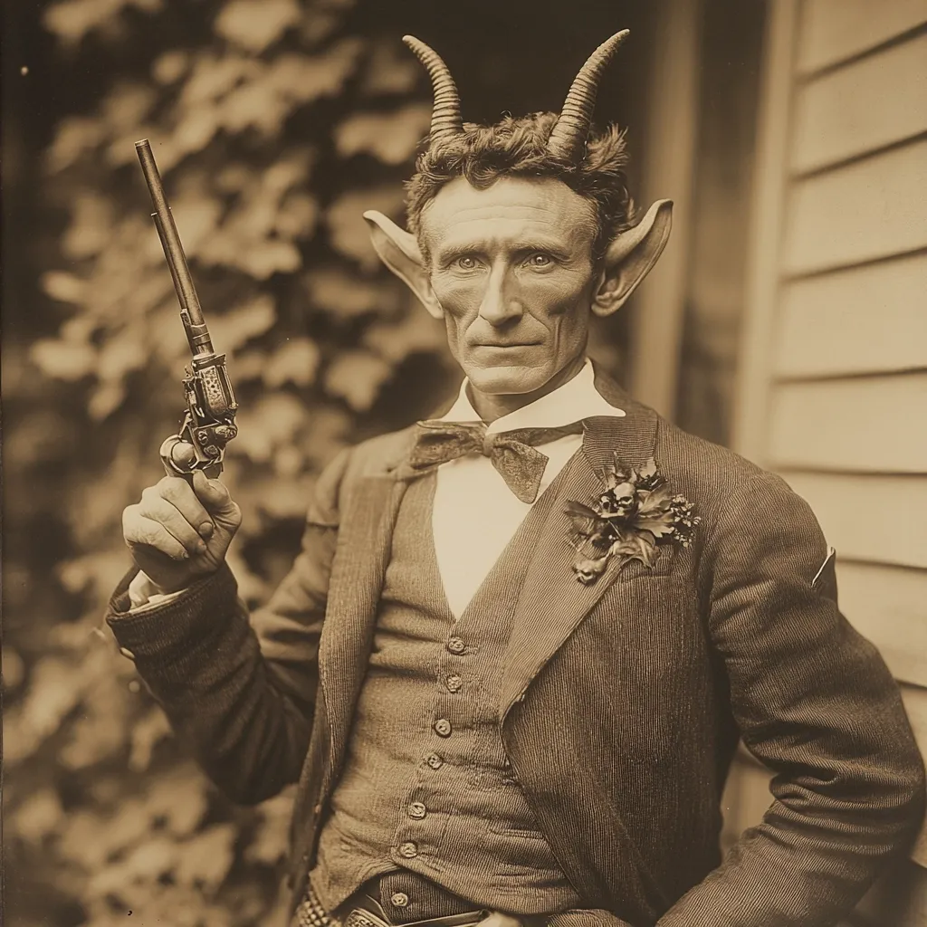 Here's a description of the image:

The sepia-toned photograph presents a man in a three-piece suit, adorned with a bow tie and a small floral boutonniere.  What sets him apart are the prosthetic horns and pointed ears, giving him a devilish appearance. He holds a small antique-style pistol, adding to the unsettling yet intriguing composition. The background, slightly blurred, hints at an outdoor setting near a building. The overall style suggests an early 20th-century portrait, possibly a staged image with theatrical elements. The contrast between the formal attire and the demonic features creates a visually striking effect.