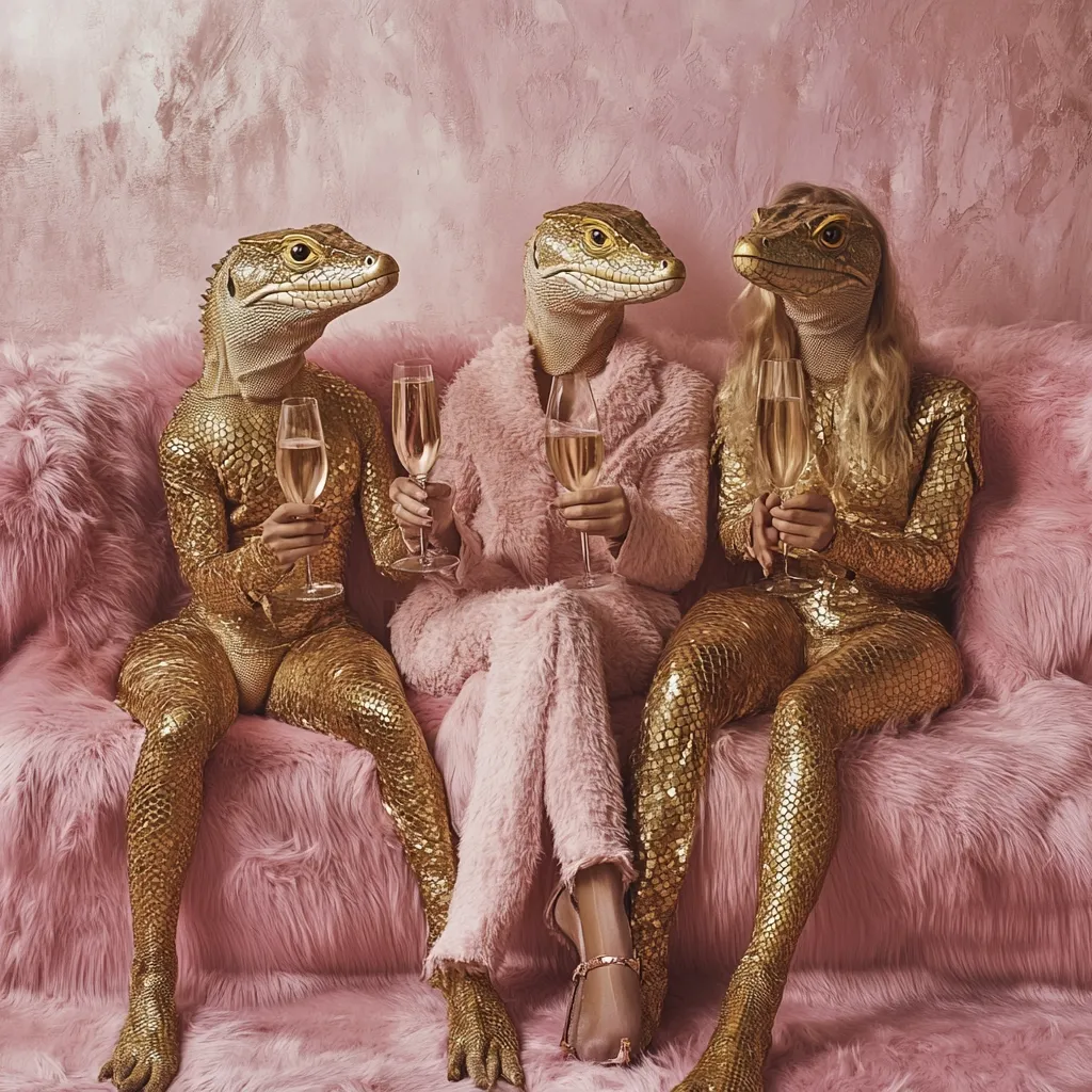 Three figures, their heads replaced with iguana masks, lounge on a pink fluffy couch.  They are dressed in shimmering gold, scale-patterned bodysuits. The central figure wears a fluffy pink robe over theirs. All three hold glasses of champagne. The scene is stylish and surreal, blending high fashion with unexpected animalistic elements. The overall aesthetic is luxurious and playful.