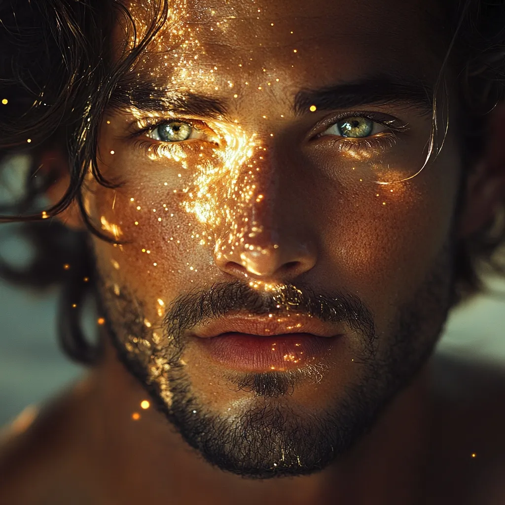 Here is a description of the image:

Close-up portrait of a young man with dark, wavy hair and a short, well-groomed beard. His skin is tanned, and his face is illuminated by a golden light, creating a sparkling effect, as if dust or glitter is on his face. His eyes are a striking light green or hazel, and his expression is serious and intense. The overall mood is one of ethereal beauty and captivating intensity. The golden light creates a mystical and slightly magical feel.