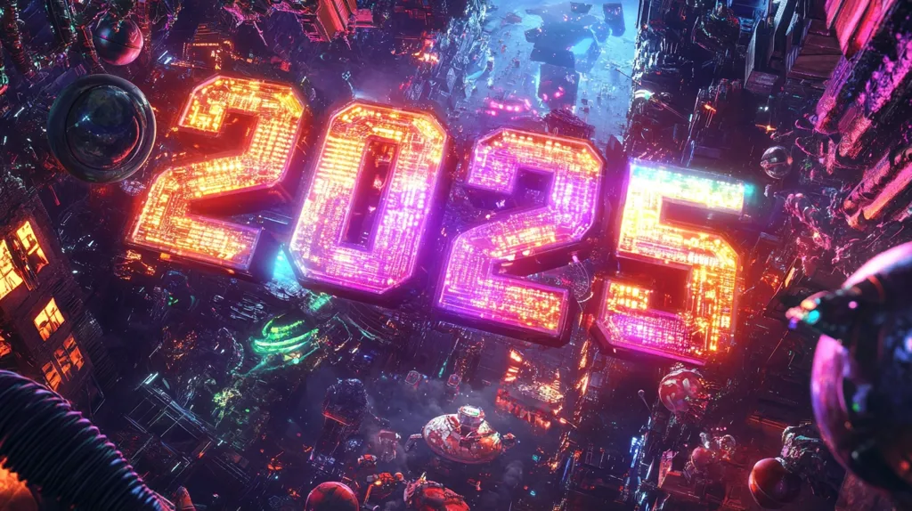 The image is a vibrant, futuristic depiction of the year 2025.  Large, neon-lit numbers, resembling circuit boards, dominate the foreground.  The backdrop is a dense, cyberpunk-style cityscape, teeming with flying vehicles and intricate structures.  The overall color palette is a mix of intense pinks, purples, oranges, and blues, creating a dynamic and energetic atmosphere.  The scene suggests a technologically advanced, possibly dystopian, future.