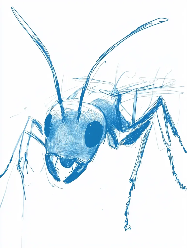 The image is a stylized sketch of an ant, rendered in shades of blue. The ant is depicted from a slightly elevated perspective, its head and large mandibles prominent. The lines are loose and expressive, suggesting a quick, dynamic drawing rather than a precise anatomical rendering. The antennae are long and extend outward, and the legs are detailed with textured lines. The background is white, allowing the blue ant to stand out. The overall impression is one of artistic freedom and movement.
