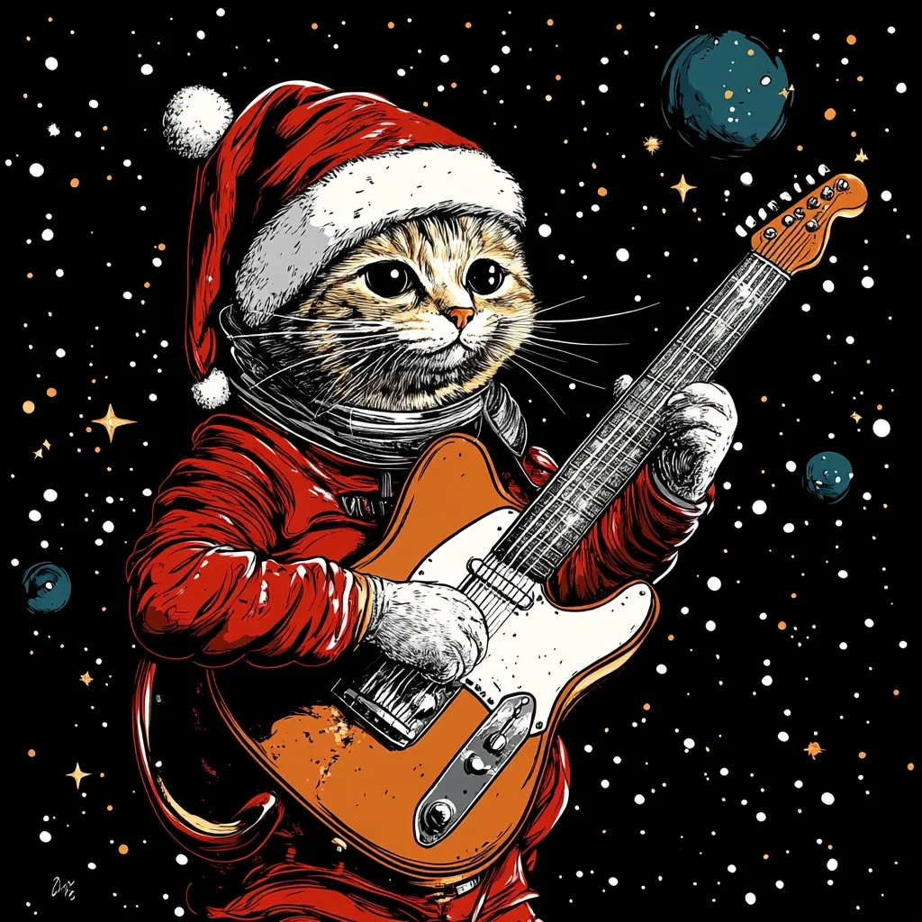 Here's a description of the image:

Against a backdrop of a starry night sky, a tabby cat dons a Santa hat and astronaut suit.  The cat expertly plays an electric guitar, its paws delicately positioned on the strings. The illustration style is detailed and slightly sketchy, giving it a vintage or hand-drawn feel. The colors are vibrant, with the red of the suit and Santa hat contrasting sharply against the orange of the guitar and the dark space background.  Small planets are visible in the background, adding to the cosmic setting. The overall impression is one of festive, out-of-this-world rock and roll.
