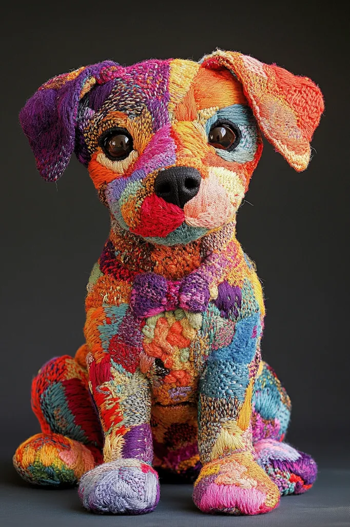 Here's a description of the image:

The photograph shows a meticulously crafted textile dog sculpture.  The dog, possibly a Jack Russell Terrier type, is rendered in a vibrant patchwork of richly colored embroidery.  Reds, oranges, purples, and blues dominate the design, creating a bold, almost abstract effect.  The stitches are densely packed, giving the piece a three-dimensional texture. The dog sits with a small embroidered bow tie, and its large expressive eyes contribute to its appealing, almost lifelike quality.  The background is a simple, dark gray, which contrasts effectively with the dog's bright colors. The overall style is one of artistic whimsy and skillful needlework.
