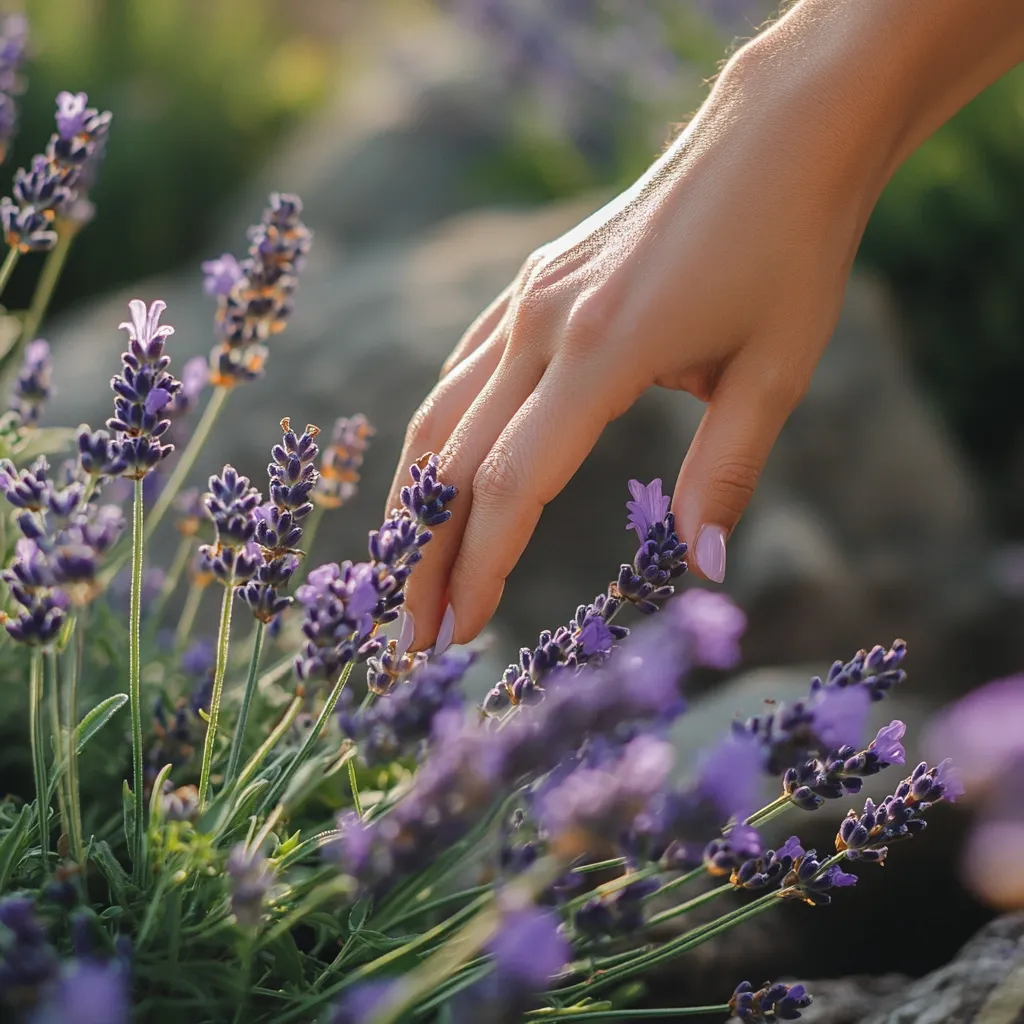 A fair-skinned hand gently touches a cluster of vibrant purple lavender flowers.  The setting appears to be outdoors, possibly a garden, with a blurred background suggesting a sunny day. The focus is on the delicate interaction between the hand and the flowers, highlighting the soft textures and colors of nature. The overall impression is one of serenity and calm.