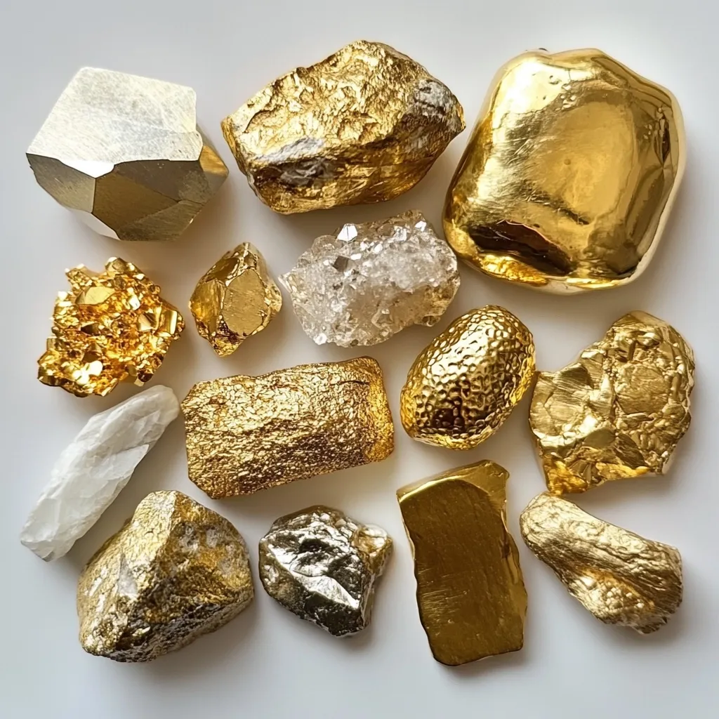 Here's a description of the image:

The photograph shows a collection of fourteen variously shaped and sized stones. Most are gold-colored, some appearing naturally golden, others seemingly coated in gold paint.  A few are silvery-white or off-white.  The textures vary; some are smooth, others rough and irregular.  They're artfully arranged on a white background, suggesting a display of precious or semi-precious stones or artistic interpretations thereof.  The overall impression is one of richness and luxury.