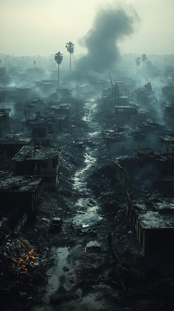 Here's a description of the image:

The photograph shows a desolate, war-torn landscape.  A thick plume of dark smoke rises in the distance, obscuring the sky.  The foreground is a chaotic jumble of rubble and debris, the remains of destroyed buildings.  A narrow, water-filled channel winds through the devastation.  A few lone palm trees stand silhouetted against the smoky haze, emphasizing the scene's emptiness and destruction.  The overall tone is dark and somber, suggesting the aftermath of intense conflict.  Small figures are barely visible, adding to the sense of scale and loss.