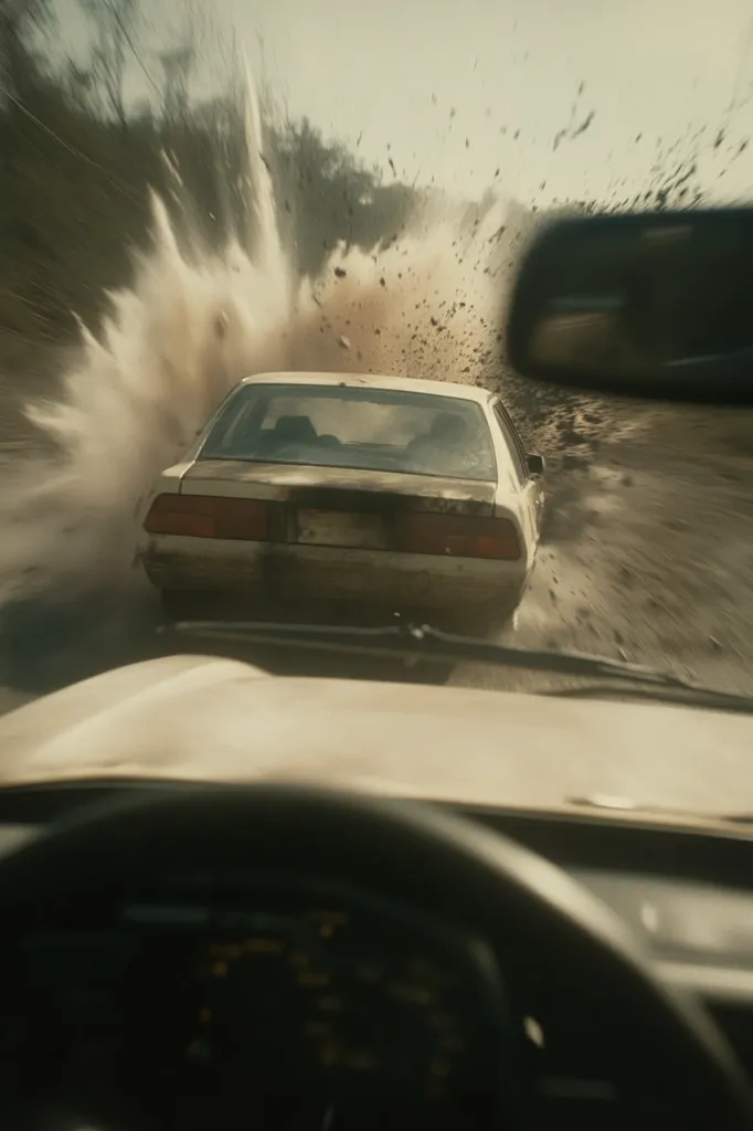Here's a description of the image:

The image depicts a dramatic car chase scene.  A light-colored sedan is shown from a following vehicle's perspective. The sedan is kicking up a massive cloud of dust and dirt as it speeds down a dirt road. The dust obscures the view, creating a sense of urgency and chaos. The foreground shows the interior of another car, focusing on the steering wheel and dashboard, further emphasizing the chase from a first-person viewpoint.  The overall tone is gritty and action-packed, suggesting a high-speed pursuit in harsh conditions.