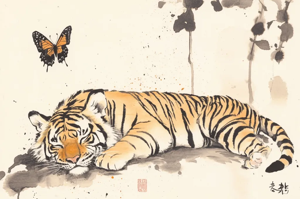 A serene watercolor painting depicts a tiger resting peacefully. Its orange and black stripes are rendered with delicate brushstrokes, and its eyes are gently closed.  Above the slumbering tiger, a monarch butterfly floats, adding a touch of whimsy. The background features minimal, stylized ink washes suggesting trees or foliage.  The overall style is reminiscent of East Asian ink painting, with a balance of detail and abstraction.