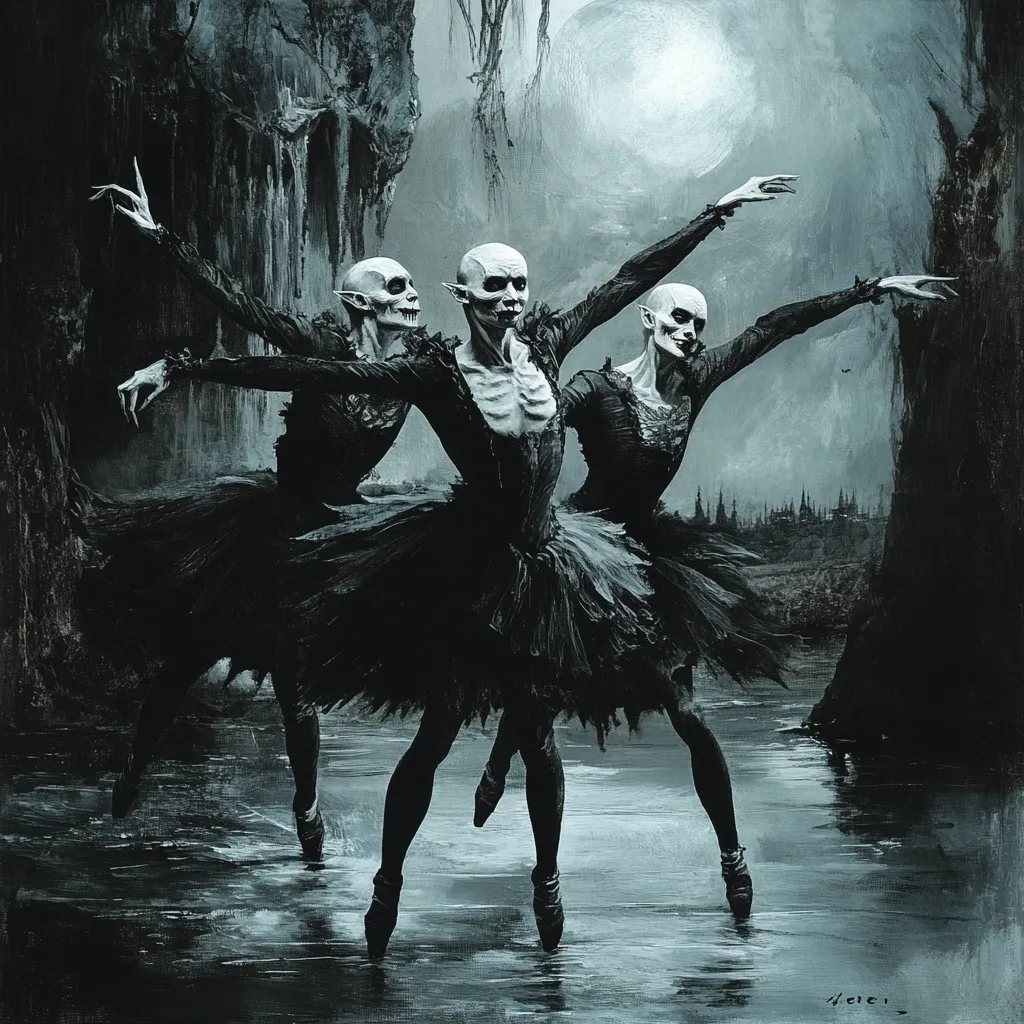 Here's a description of the image:

The artwork depicts three gaunt, pale figures, resembling vampires, dressed in black ballet tutus.  Their skeletal features are striking against the dark, moody backdrop. They perform a synchronized dance pose on a dark, reflective surface, possibly water, under a large, pale moon. The background features a dark, swampy landscape with shadowy trees and a distant, indistinct cityscape. The overall style is dark, gothic, and slightly surreal, creating an unsettling yet captivating scene.