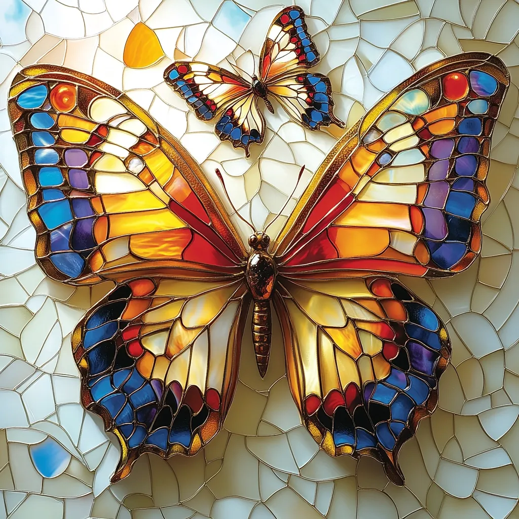 Here's a description of the image:

The image showcases a vibrant, large butterfly rendered in a style reminiscent of stained glass. Its wings are a mosaic of rich colors—orange, yellow, red, blue, and purple—set within a golden framework.  A smaller, similarly styled butterfly is positioned above and slightly to the left, adding depth to the composition. Both butterflies are displayed against a background of off-white, cracked mosaic tiles, enhancing the stained-glass effect. The overall impression is one of elegance and intricate artistry.