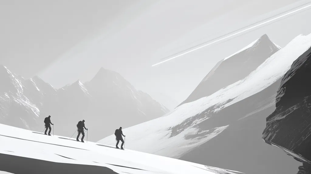 Here's a description of the image:

A minimalist, black and white illustration depicts three figures trekking across a snow-covered mountain slope.  The figures, silhouetted against the bright, hazy landscape, appear small and distant, emphasizing the vastness of the mountainous terrain.  The mountains rise majestically in the background, their peaks shrouded in mist or snow. A faint contrail from a high-flying plane stretches across the sky, adding a sense of scale and isolation.  The overall mood is serene yet austere, reflecting a sense of adventure and the challenges of a high-altitude expedition.