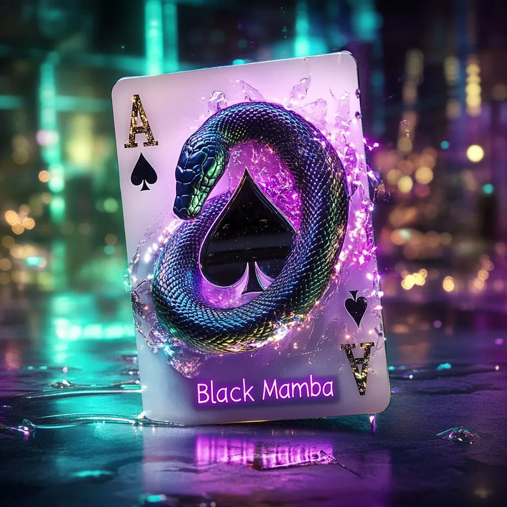 Here's a description of the image:

The image showcases a stylized Ace of Spades playing card.  A black mamba snake, iridescent and seemingly bioluminescent, is coiled around the spade symbol. The card itself appears to be embedded in or partially shattered by a vibrant, purple-hued energy, with neon teal lighting reflecting in the wet surface beneath.  The words "Black Mamba" are subtly displayed at the bottom. The background is blurred but shows a city nightscape with colorful bokeh lights, suggesting a futuristic or fantasy setting.  The overall aesthetic is dark, dramatic, and fantastical.