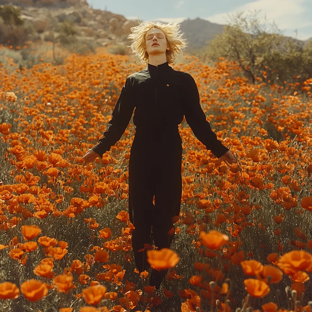 A slender, blonde person with their eyes closed stands amidst a vibrant field of orange poppies.  They are wearing a dark jumpsuit and their arms are outstretched, suggesting peace or contentment.  The background features a sun-drenched landscape of hills and sparse vegetation.  The overall mood is serene and evokes a sense of freedom and connection with nature. The image is bathed in warm, golden light.