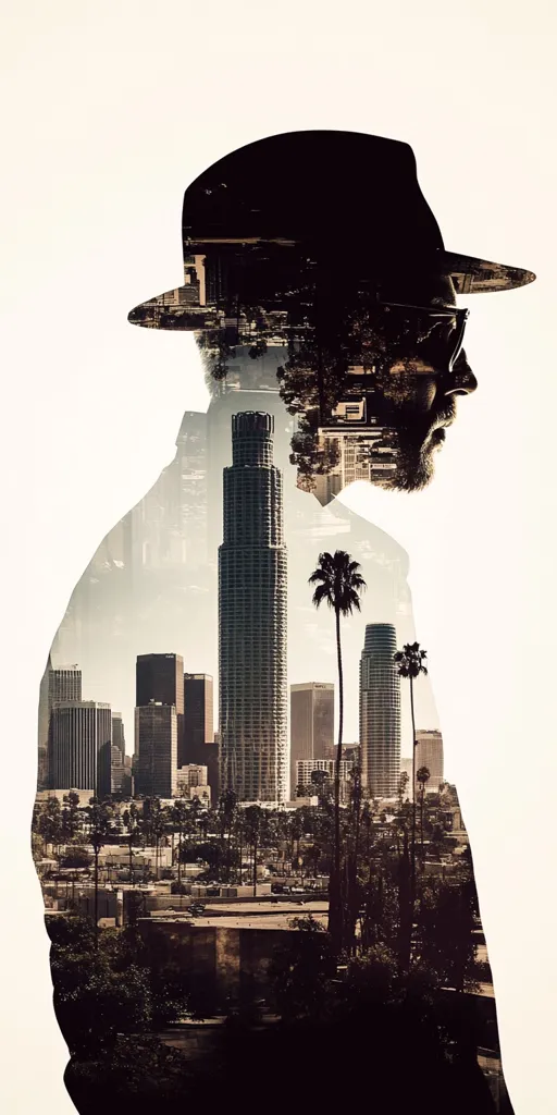 Here's a description of the image:

The image is a double exposure photograph. The silhouette of a man wearing a fedora and sunglasses is superimposed over a cityscape, likely Los Angeles, California. The buildings, including the distinctive U.S. Bank Tower, are visible through the man's form, creating a striking blend of human and urban elements. The overall tone is sepia-toned, giving it a vintage or nostalgic feel. The contrast between the dark silhouette and the lighter cityscape enhances the visual impact.