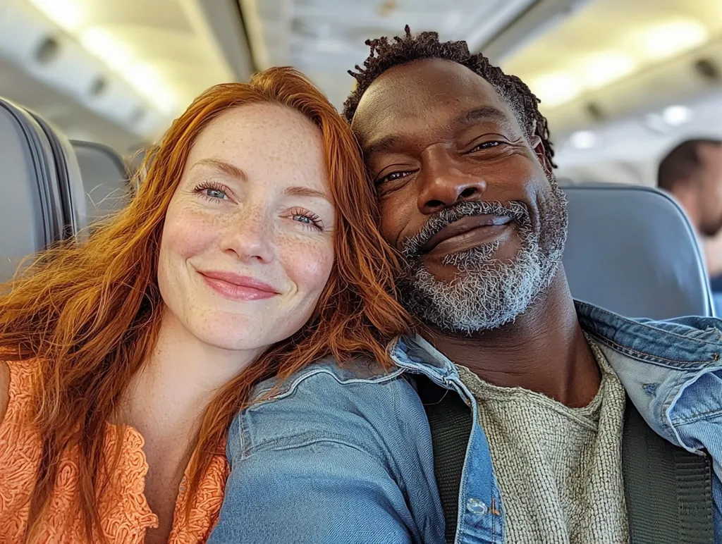 Close-up shot of a happy interracial couple sitting shoulder-to-shoulder on an airplane.  The woman has long, vibrant red hair and fair skin with freckles, wearing a peach-colored top. The man has dark skin, short graying dreadlocks, and a salt-and-pepper beard. He's wearing a denim jacket over a gray shirt.  They appear relaxed and content, their closeness suggesting intimacy and comfort. The airplane's interior is visible in the background.